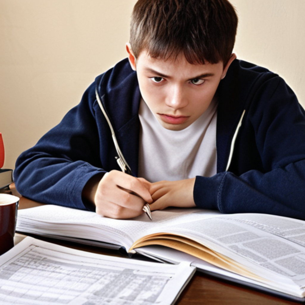 A student studying finance, surrounded by textbooks and financial reports, highlighting key information with a pen. Books and papers are scattered on the desk, reflecting the intensity of exam preparation. Add a cup of strong Russian tea (like Ivan Chai) for local flavor. Focus on the determined expression on the student's face.
