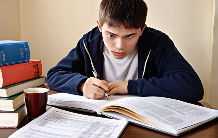 A student studying finance, surrounded by textbooks and financial reports, highlighting key information with a pen. Books and papers are scattered on the desk, reflecting the intensity of exam preparation. Add a cup of strong Russian tea (like Ivan Chai) for local flavor. Focus on the determined expression on the student's face.