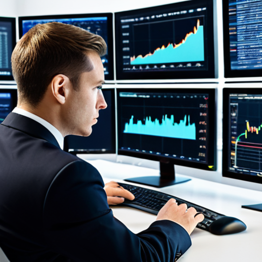 A focused financial analyst, in a modest and professional business suit, sits attentively at a sleek desk in a contemporary, high-tech office. Multiple large screens surround him, displaying complex financial charts, real-time market data, and subtle geopolitical news feeds, symbolizing the modern challenges of the financial world. His posture is engaged, reflecting deep concentration and analytical thought. The environment is clean and professional, with a hint of advanced technology seamlessly integrated into the workspace. Fully clothed, appropriate attire, professional dress, safe for work, appropriate content, professional, perfect anatomy, correct proportions, natural pose, well-formed hands, proper finger count, natural body proportions, professional studio lighting, high resolution, ultra-detailed.
