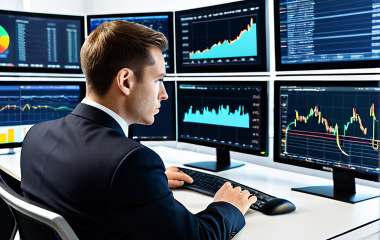 A focused financial analyst, in a modest and professional business suit, sits attentively at a sleek desk in a contemporary, high-tech office. Multiple large screens surround him, displaying complex financial charts, real-time market data, and subtle geopolitical news feeds, symbolizing the modern challenges of the financial world. His posture is engaged, reflecting deep concentration and analytical thought. The environment is clean and professional, with a hint of advanced technology seamlessly integrated into the workspace. Fully clothed, appropriate attire, professional dress, safe for work, appropriate content, professional, perfect anatomy, correct proportions, natural pose, well-formed hands, proper finger count, natural body proportions, professional studio lighting, high resolution, ultra-detailed.