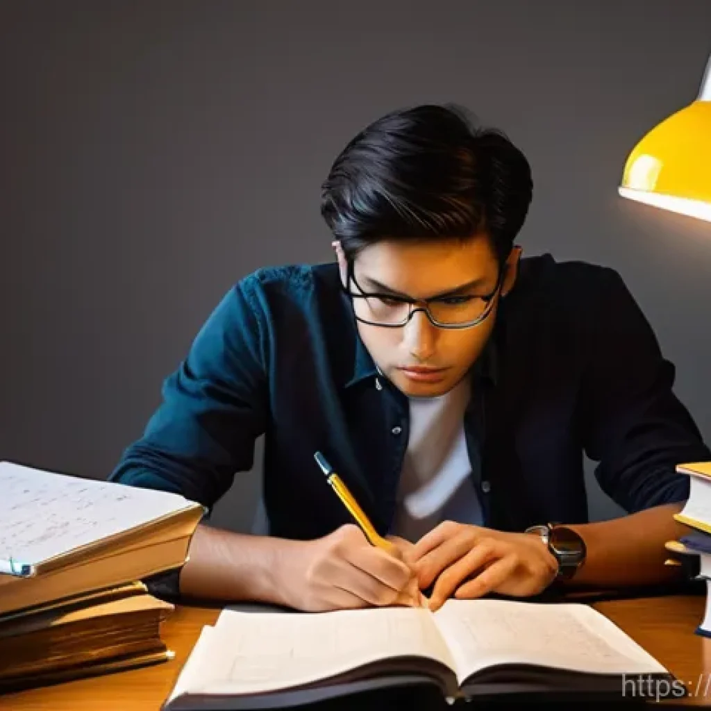 CFA 시험 일정 관리법 - **Prompt:** A young adult, male or female, sits at a desk cluttered with numerous thick finance text...