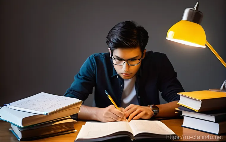 CFA 시험 일정 관리법 - **Prompt:** A young adult, male or female, sits at a desk cluttered with numerous thick finance text...