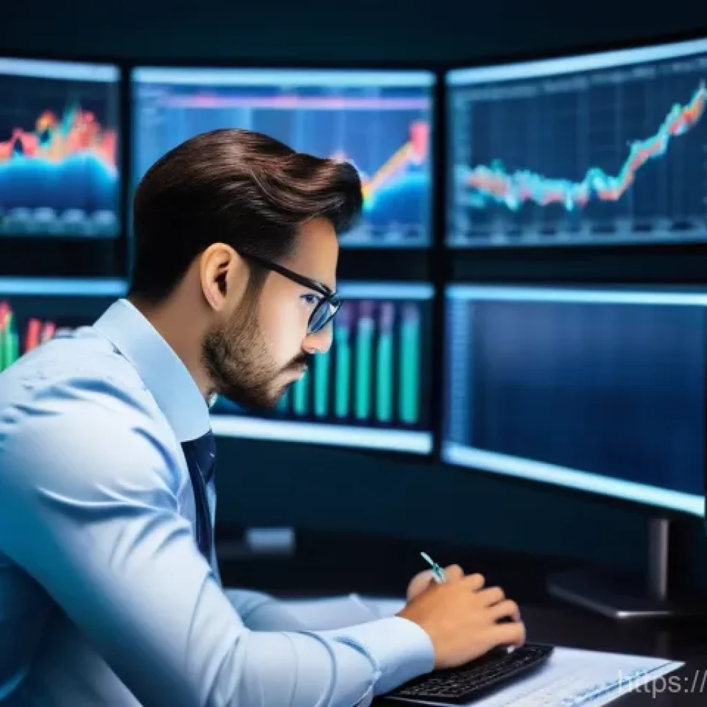 금융투자분석사의 글로벌 경력 사례 - A focused financial analyst, in their early 30s, dressed in a sharp business suit, intensely examini...