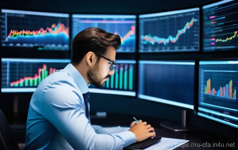 금융투자분석사의 글로벌 경력 사례 - A focused financial analyst, in their early 30s, dressed in a sharp business suit, intensely examini...