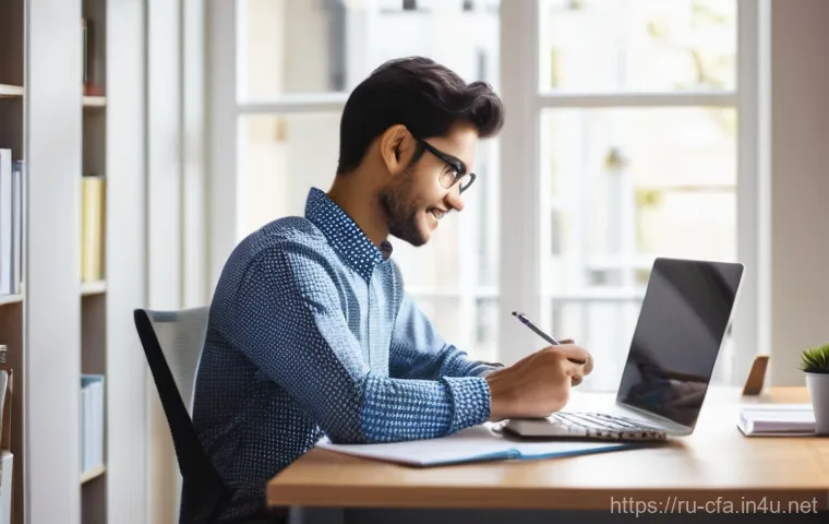 CFA 시험 응시료 절약법 - A focused young professional, perhaps in their late twenties, sits at a modern, clean desk in a brig...