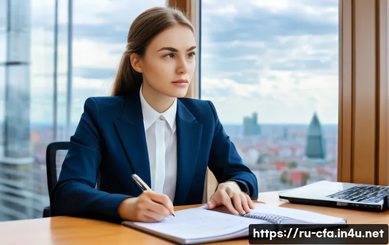 CFA 학습 실패 사례와 극복법 - A determined young professional woman in her late 20s, with a focused expression, sits at a desk in ...